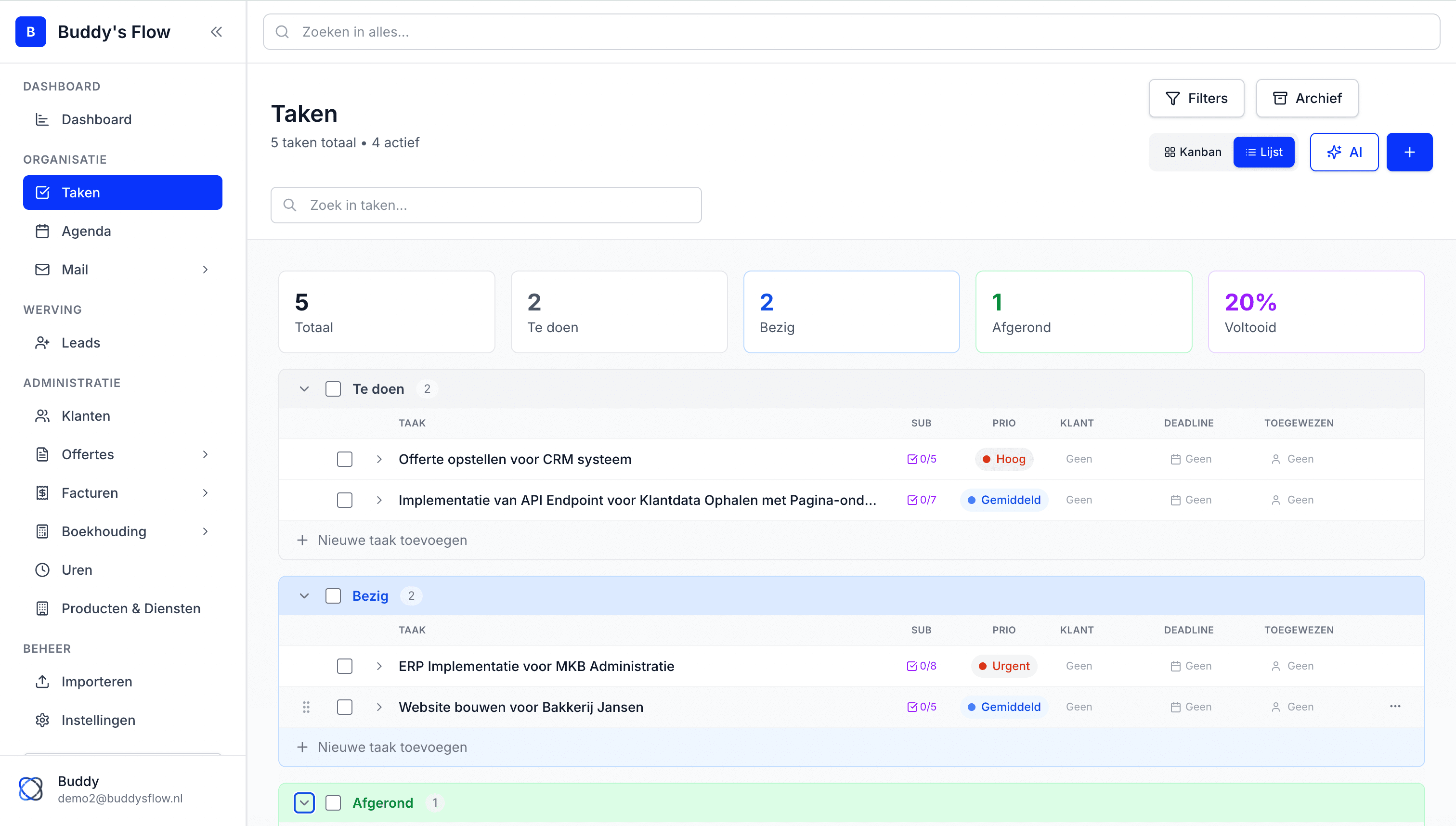 Taken interface met kanban bord